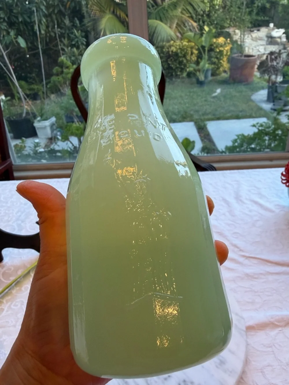 Vintage Jadeite Green Milk Glass Bottle- Property of Liberty Milk Co.